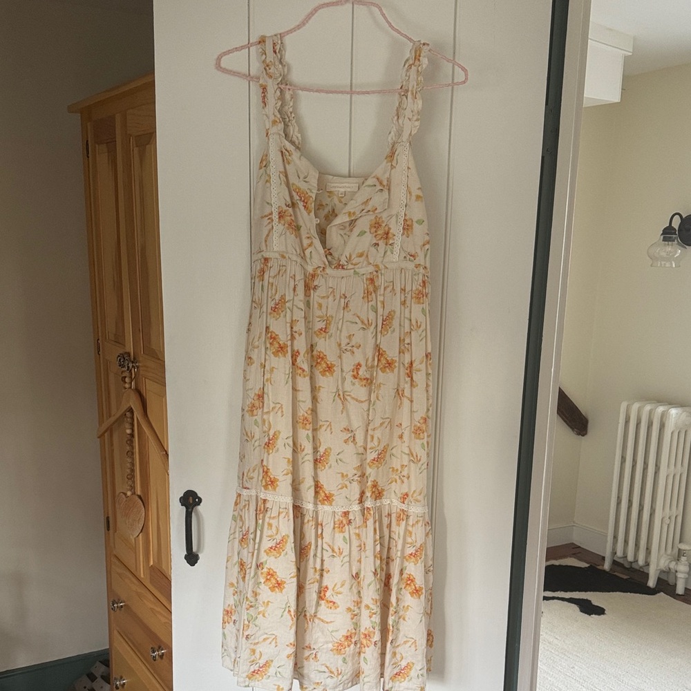 LoveShackFancy Cream and Orange Floral Midi Dress